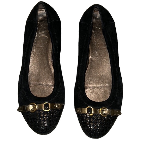 AGL Monika Black Suede Leather Metallic Gold Houndstooth Cap Toe Flats - 8.5 - Picture 6 of 15